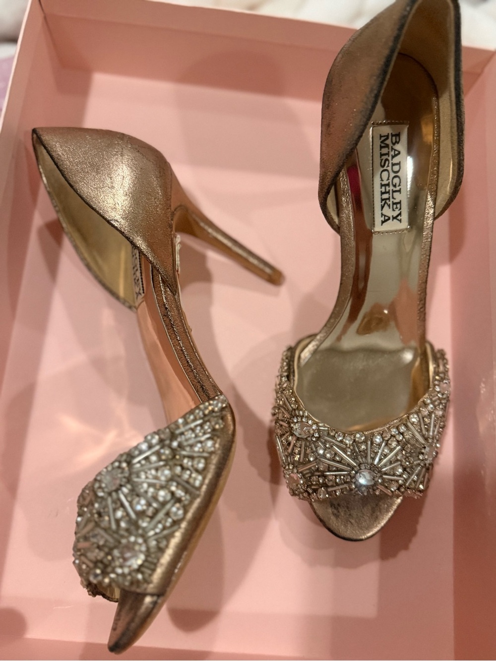 Badgley Mischka “Hansen” Metallic Rose Gold Jeweled Peep-Toe Crystal Heels